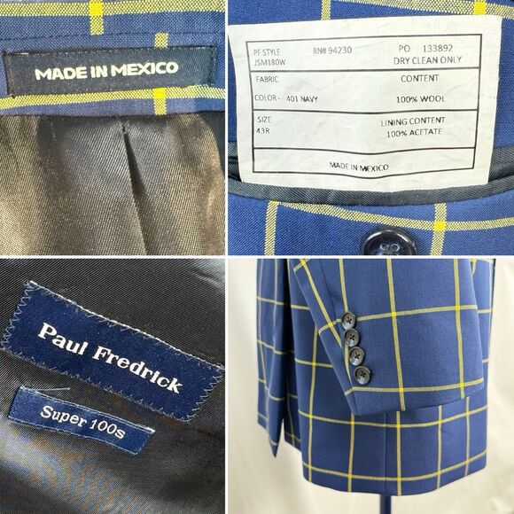 Paul Fredrick Wool Blazer Sport Coat Mens Size 43R Blue Plaid Jacket - Picture 10 of 16